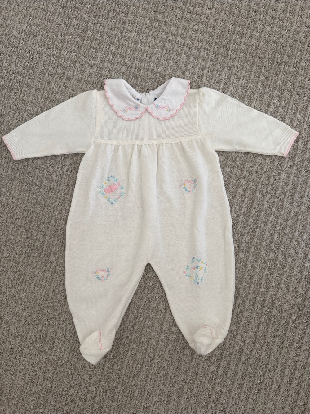Vintage Carriage Boutique Cream Knit Footed One-Piece with Pink Trim